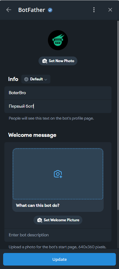 Профиль бота после настройки имени и описания