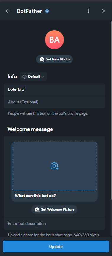 Редактирование профиля бота до настройки описания