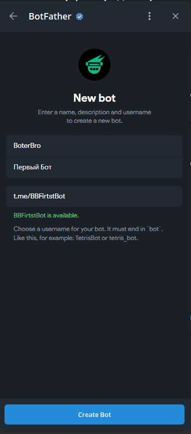 Форма создания нового бота с заполненными полями